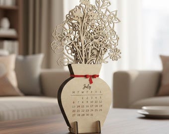 Calendario de jarrones de flores 2026 / 12 láminas cortadas con láser (enero-diciembre) / Descarga digital SVG para GlowForge, LightBurn, xTool, Cricut, etc.