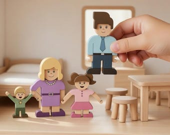 Figuras familiares de madera a escala 1:24 para casa de muñecas / Montessori Small World Play / Juego de juguetes inspirado en Waldorf / Descarga digital SVG cortada con láser
