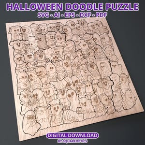 K&ouml;nnte beinhalten: Holzpuzzle zum Thema Halloween mit einer Vielzahl von gruseligen Charakteren, darunter Geister und Skelette. Das lasergeschnittene Design enth&auml;lt die Worte "Trick or Treat". Der Text "Halloween Doodle Puzzle" steht oben. Digitaler Download.