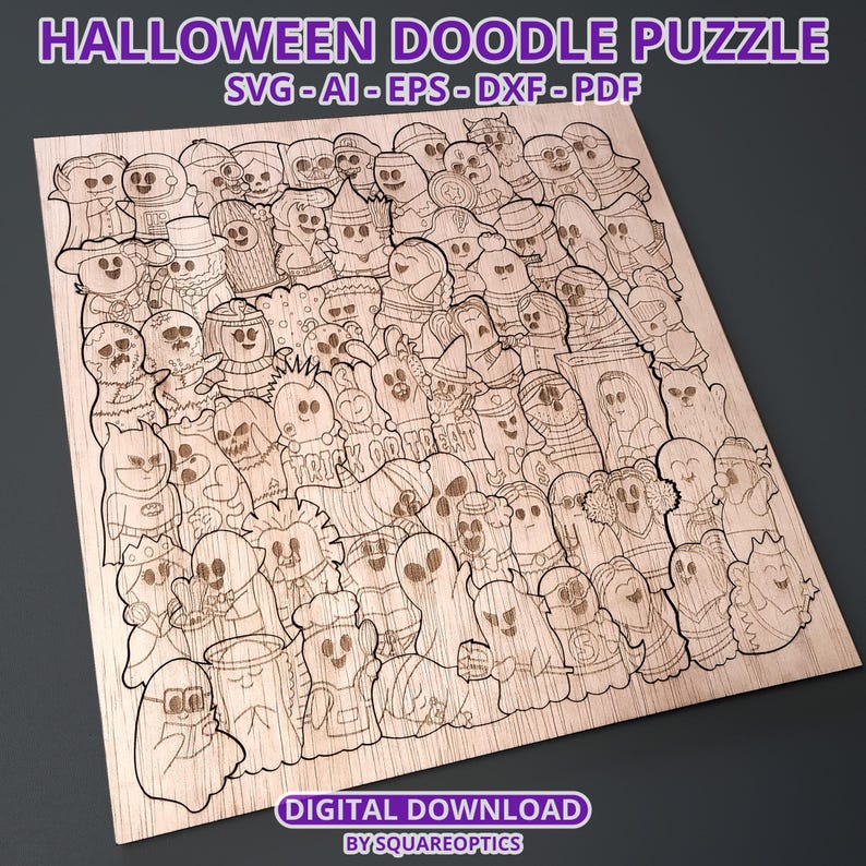 K&ouml;nnte beinhalten: Holzpuzzle zum Thema Halloween mit einer Vielzahl von gruseligen Charakteren, darunter Geister und Skelette. Das lasergeschnittene Design enth&auml;lt die Worte "Trick or Treat". Der Text "Halloween Doodle Puzzle" steht oben. Digitaler Download.