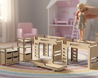 Conjunto de muebles modernos para casa de muñecas con literas SVG - Escala 1:12 - Dormitorio infantil - Miniatura cortada con láser de 3 mm - Estante de almacenamiento para litera
