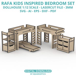 Miniature Rafa Kids Inspired Modern Bedroom 1:12 Scale 3MM Dollhouse Furniture SVG Digital Download for Laser Cut, Cricut, Silhouette, CNC