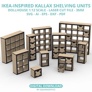 Miniatur Ikea Kallax inspirierte Regaleinheiten 1:12 3 MM Puppenhausmöbel SVG Digital Download für Laser Cut, Cricut, Silhouette, CNC etc.
