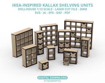 Miniature Ikea Kallax Inspired Shelving Units 1:12 3MM Dollhouse Furniture SVG Digital Download for Laser Cut, Cricut, Silhouette, CNC, etc.