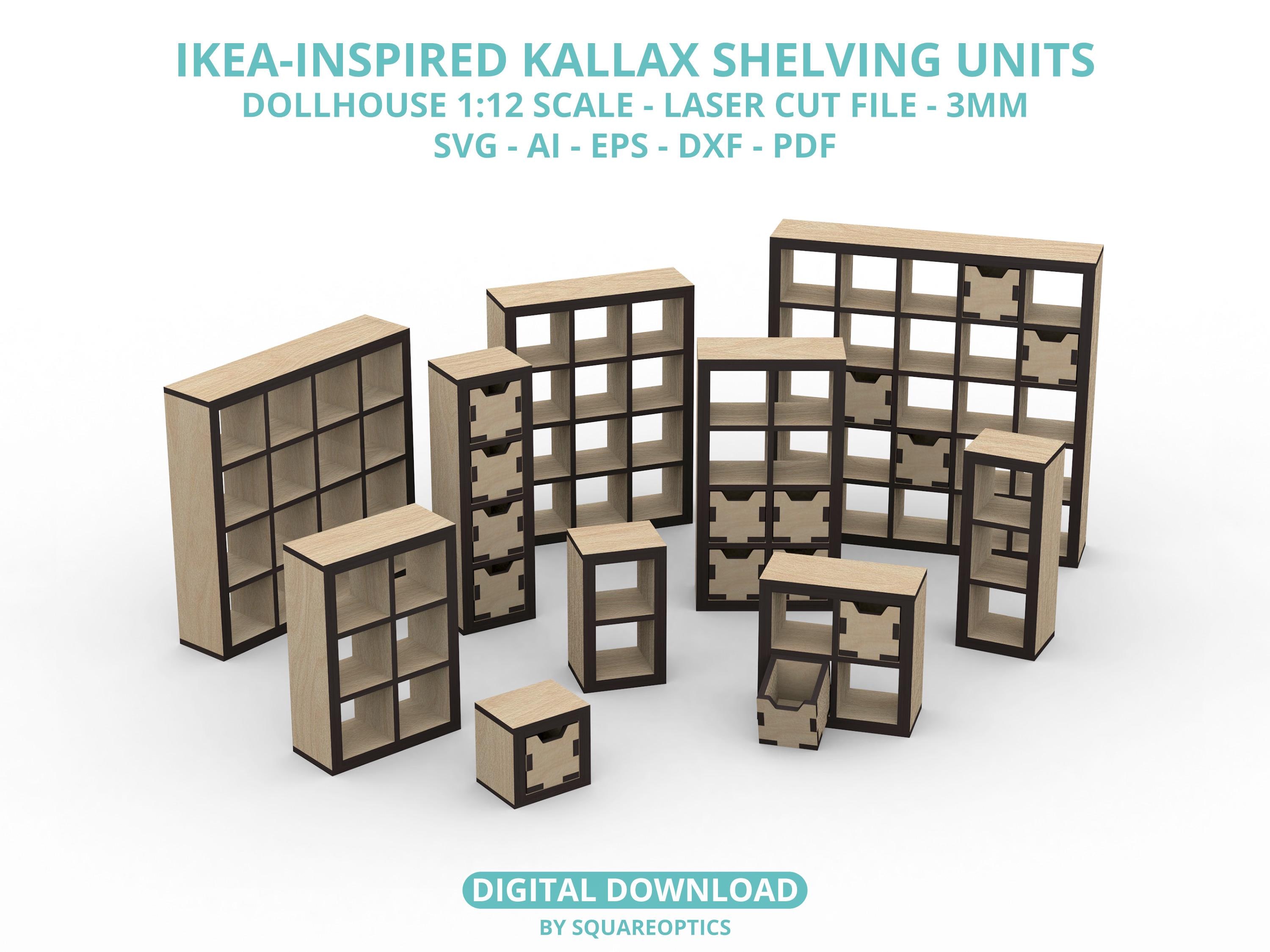 Miniature Ikea Kallax Inspired Shelving Units 1:12 3MM Dollhouse Furniture SVG Digital Download for Laser Cut, Cricut, Silhouette, CNC, etc.