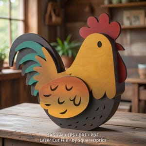 May include: A layered wooden rooster cutout featuring a yellow head, a red comb and wattle, a dark brown body, and a tail with teal and dark brown feathers. The wing is orange with black markings. Text at the bottom reads: SVG AI EPS DXF PDF Laser Cut File by SquareOptics.