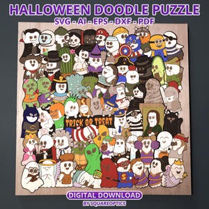 K&ouml;nnte beinhalten: Ein Holz-Halloween-Doodle-Puzzle mit verschiedenen Cartoon-Charakteren in Kost&uuml;men. Das Puzzle enth&auml;lt den Text "TRICK OR TREAT" und die W&ouml;rter "HALLOWEEN DOODLE PUZZLE" und "DIGITAL DOWNLOAD". Das Puzzle ist ein digitaler Download.