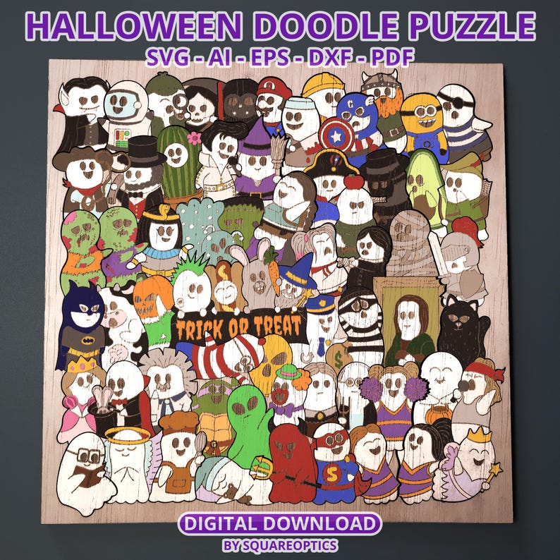 K&ouml;nnte beinhalten: Ein Holz-Halloween-Doodle-Puzzle mit verschiedenen Cartoon-Charakteren in Kost&uuml;men. Das Puzzle enth&auml;lt den Text "TRICK OR TREAT" und die W&ouml;rter "HALLOWEEN DOODLE PUZZLE" und "DIGITAL DOWNLOAD". Das Puzzle ist ein digitaler Download.
