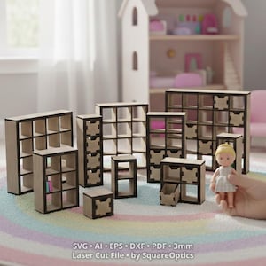 Estanterías en miniatura inspiradas en Ikea Kallax 1:12, muebles de casa de muñecas de 3 mm SVG, descarga digital para corte láser, Cricut, Silhouette, CNC, etc.