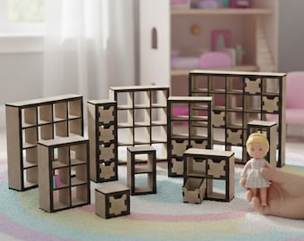 Estanterías en miniatura inspiradas en el modelo Kallax de Ikea, escala 1:12, 3 mm, muebles para casas de muñecas, descarga digital SVG para corte láser, Cricut, Silhouette, CNC, etc.
