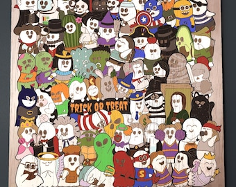 Halloween Doodle Puzzle Geist Themed Jigsaw mit 64 handgezeichneten Teilen Laser geschnitten Datei SVG Digital Download Glowforge LightBurn xTool Cricut