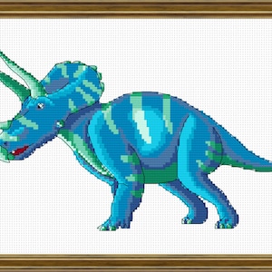 Blue and Turquoise Triceratops Cross Stitch Pattern