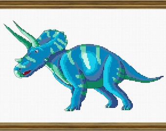 Blue and Turquoise Triceratops Cross Stitch Pattern