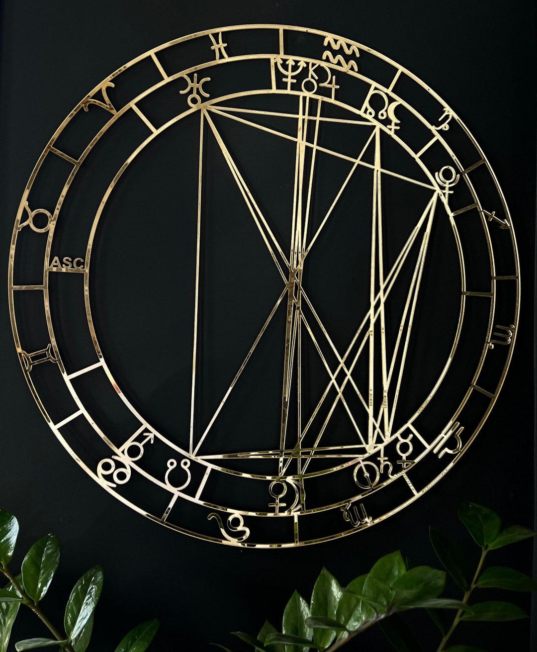 A decorative personalized natal chart with gold accents