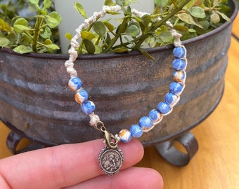 Our Lady of La Leche - Our Lady of Perpetual Help Bracelet/Decade Rosary Bracelet/blue and white ceramic beads/bronze medal