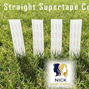 May include: Five white rectangular hair extension tape strips are arranged vertically in green grass. The text "Straight Supertape Contour" is at the top. The Nick Hair Studio logo is at the bottom.