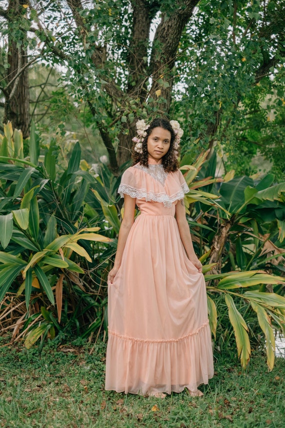 Vintage 1970s Victorian Peach High Collar Lace Dre