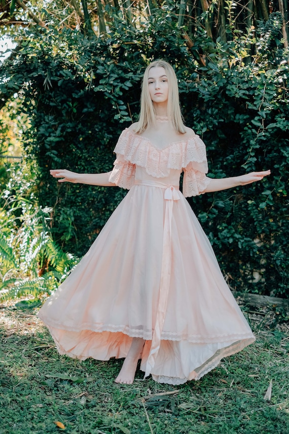 Vintage 1970s Pink blush lace dress with Puffed Sl