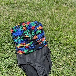 vintage black floral one piece swim suit