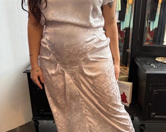 80s vintage cream silky jacquard dress