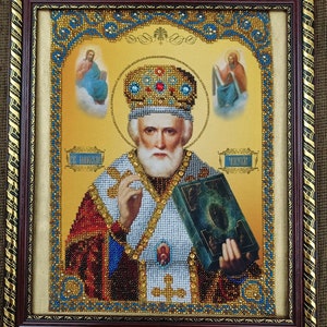 Beads embroidery Christian Orthodox Icon of St.Nicholas