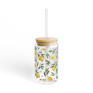 Lemon Sipper Glass, Clear Tumbler with Bamboo Lid and Straw, Iced Coffee Glass Cup or Mug, Fresh Citrus Fruit Cup for Summer Drinks