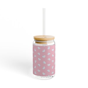 Pink and White Heart Sipper Glass, Clear Glass Tumbler, Coffee Cup with Bamboo Lid and Straw, Cute Valentine Gift for Her or Everyday Love
