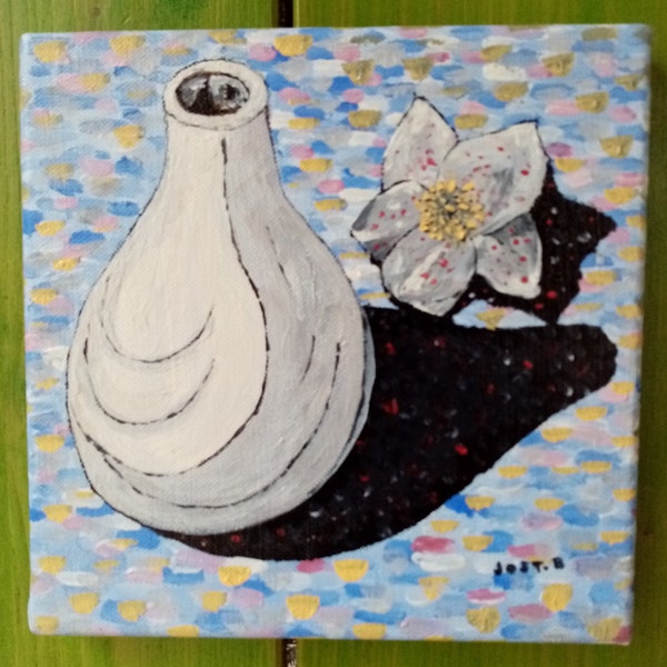 Vase et fleur blanche , street art . Peinture originale acrylique sur toile tendue . 20 x 20 x 2 ( 7.8 x 7.8 ) . 2019 . Encadré . .