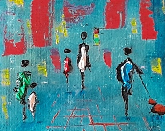 Walk in the city, original urban oil painting 10 x 10 cm, in 2023.