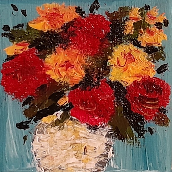 Fleurs rouge et orange dans un pot blanc  Huile sur toile oeuvre unique peint à la main par atelierbertrandbetty .