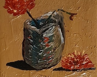 La cruche et les fleurs . Peinture à l'huile . 2023 . 7 x 7 cm .