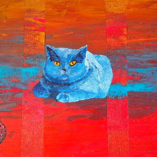 Chat couché en bleu , panneau MDF peint à la main ,portrait d'animal unique .