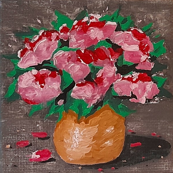 Des fleurs rouge dans un vase brun . Petite peinture impressionniste à l'huile fait main " atelierbertbetty" décoration de couloir .