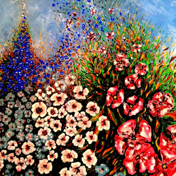 Vibrant floral dance, acrylic painting on canvas, large wall art 70 x 67cm.