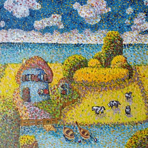 Mon Ile . Peinture pointilliste naif . Acrylique sur carton entoilé . 2021 . 30 x 30 cm ( 11.8 x 11.8 ) .