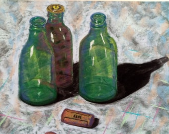 Les bouchons ne sont pas toujours appropriés aux bouteilles . Dessin  originale aux pastels fait à la main par "atelierbertbetty".