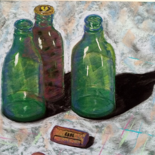 Les bouchons ne sont pas toujours appropriés aux bouteilles . Dessin  originale aux pastels fait à la main par "atelierbertbetty".