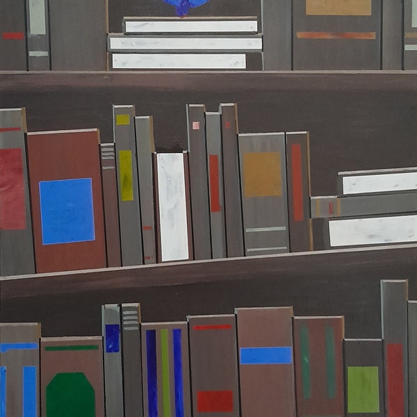 La bibliothèque et l'oiseau bleu. 80 x 60 cm . Acrylique sur bois .