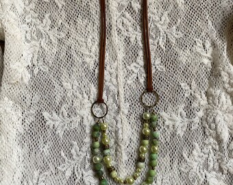 Green Beaded Rose Charm Necklace