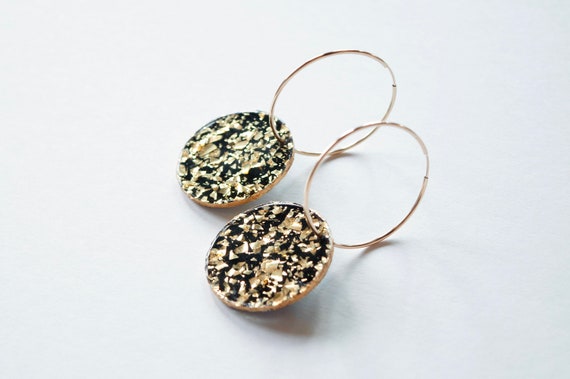 Olivia Hoop Earrings - Black Confetti with Gold Foil Finish (14k Gold Filled)