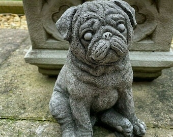 Sitting Pug Stone Statue |Outdoor Stone Puppy Dog Bulldog Animal Garden Ornament