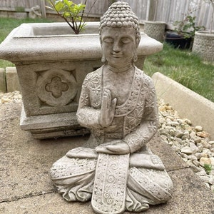 Meditating buddha stone statue | vintage oriental monk outdoor garden ornament