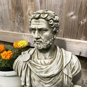Reconstituted stone roman nero bust statue | vintage concrete Roman Classical Bust Outdoor garden ornament