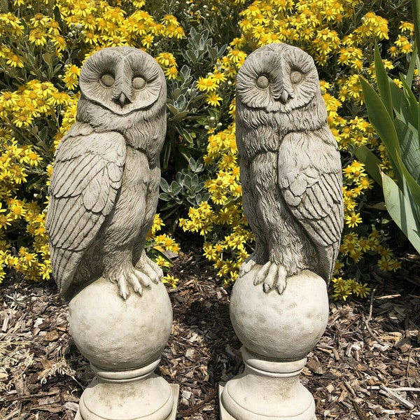 Pair of barn owl finials statues | reconstituted stone concrete outdoor bird garden ornament