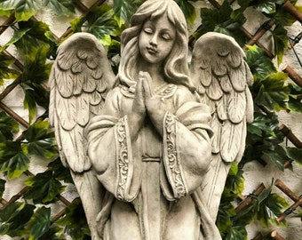 Reconstituted stone praying angel statue | vintage concrete garden ornament