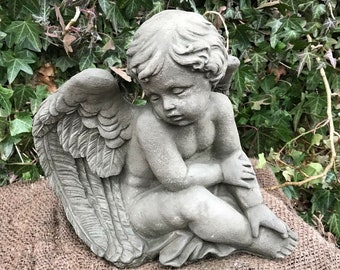 Sleeping Angel Cherub with LOVE Inscription Handmade and Hand Painted Concrete Garden Statue
