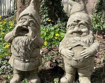 Pair of stone gnome statues | outdoor dwarf sprite decoration garden ornament