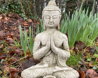 Statua orientale del Buddha tealight/decorazione esterna in pietra ricostituita, ornamento da giardino in cemento