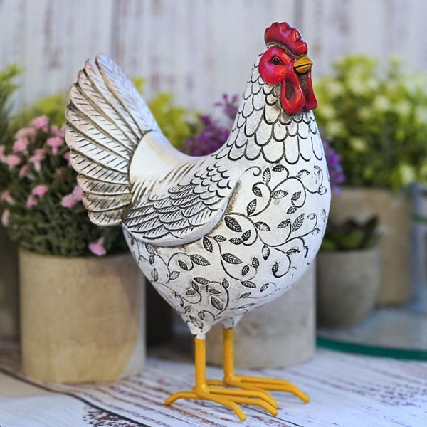 Cockerel resin statue white  | home ornament indoor garden farmyard animal decor chicken hen gift