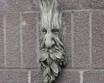 Treebeard Long Greenman Stone Hanging Plaque | Stone Statue Leaf Forest Outdoor Garden Ornament Gift British Ent Decoration Foliate Head